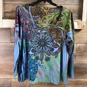 Suzee T Women’s Blue Multi Floral Square Neck Pullover Long Sleeve Knit Size 1X